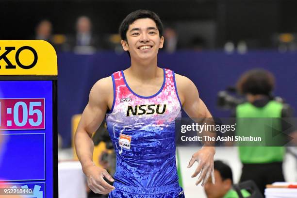 Kenzo Shirai reacts after competing on the floor during day one of the All Japan Artistic Gymnastics Championships at the Tokyo Metropolitan...