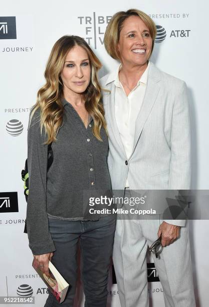 Sarah Jessica Parker and Mary Carillo attend "The Journey With Sarah Jessica Parker" during the 2018 Tribeca Film Festival at Spring Studios on April...