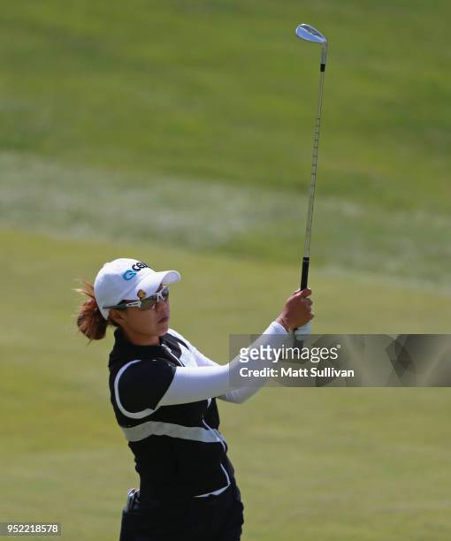 Jenny Shin of South Korea watches her second shot during the second round of the Mediheal Championship at Lake Merced Golf Club on April 27, 2018 in...