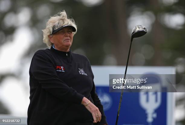 Laura Davies of England watches her tee shot on the 11th hole during the second round of the Mediheal Championship at Lake Merced Golf Club on April...