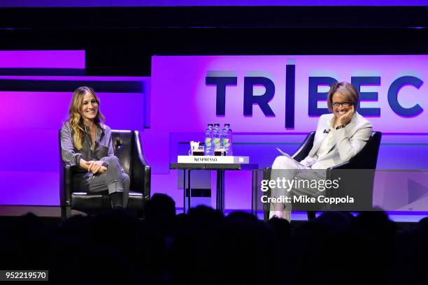 Sarah Jessica Parker and Mary Carillo speak onstage at "The Journey With Sarah Jessica Parker" during the 2018 Tribeca Film Festival at Spring...