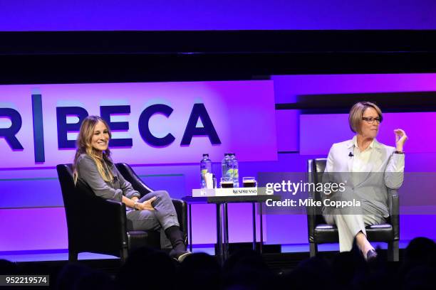 Sarah Jessica Parker and Mary Carillo speak onstage at "The Journey With Sarah Jessica Parker" during the 2018 Tribeca Film Festival at Spring...