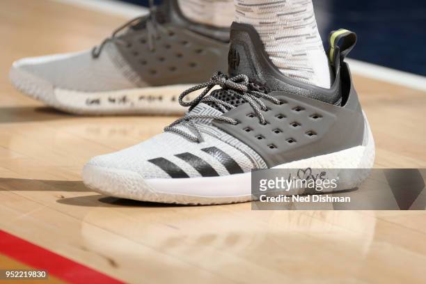The sneakers of Kelly Oubre Jr. #12 of the Washington Wizards in Game Six of the Eastern Conference Quarterfinals against the Toronto Raptors during...