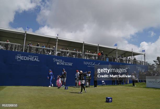 Pornanong Phatlum of Thailand watches her tee shot on the 10th hole during the second round of the Mediheal Championship at Lake Merced Golf Club on...