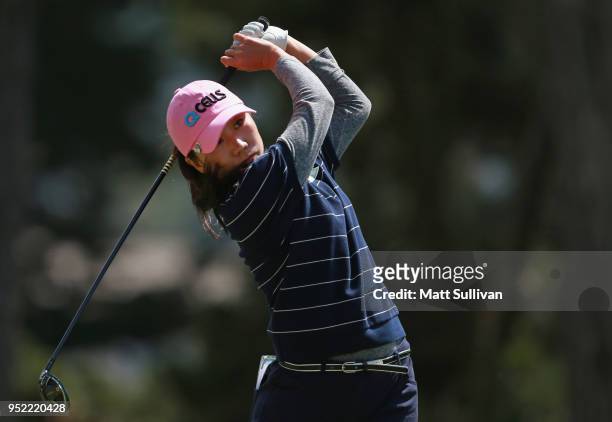 In-Kyung Kim of South Korea watches her tee shot on the seventh hole during the second round of the Mediheal Championship at Lake Merced Golf Club on...