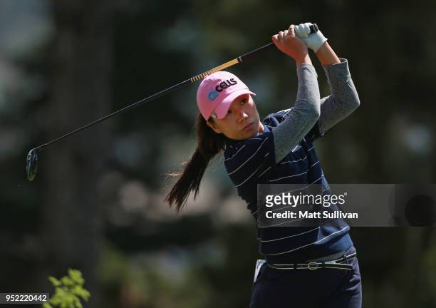 In-Kyung Kim of South Korea watches her tee shot on the seventh hole during the second round of the Mediheal Championship at Lake Merced Golf Club on...