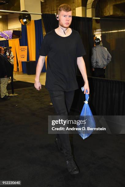 Davis Bertans of the San Antonio Spurs arrives at the stadium before the game against the Golden State Warriors in Game Five of Round One of the 2018...