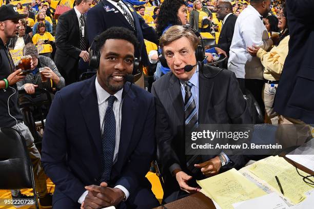 Chris Webber and Marv Albert pose for a photograph before the game between Golden State Warriors and San Antonio Spurs in Game Five of Round One of...