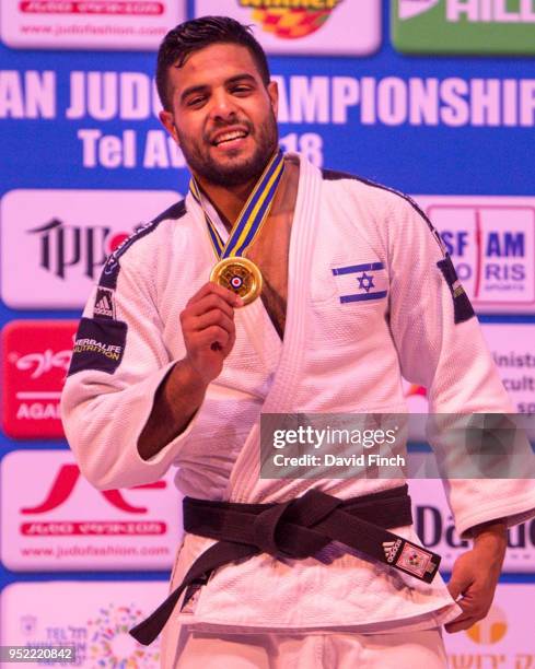 Under 81kg gold medallist, Sagi Muki of Israel proudly shows his second European gold medal during day two of the 2018 Tel Aviv European Judo...