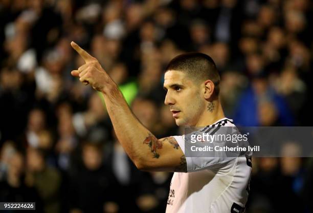 Aleksandar Mitrovic of Fulham celebrates scoring his sides second during the Sky Bet Championship match between Fulham and Sunderland at Craven...