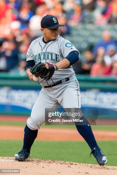 Starting pitcher Erasmo Ramirez of the Seattle Mariners pitches during the first inning against the Cleveland Indians at Progressive Field on April...