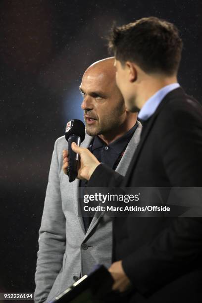 Former Fulham player Danny Murphy is interviewed at half time during the Sky Bet Championship match between Fulham and Sunderland at Craven Cottage...