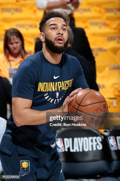 Cory Joseph of the Indiana Pacers shoots the ball before the game against the Cleveland Cavaliers in Game Six of the NBA Playoffs on April 27, 2018...