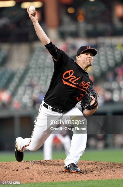 Chris Tillman of the Baltimore Orioles pitches in the second inning against the Detroit Tigers at Oriole Park at Camden Yards on April 27, 2018 in...