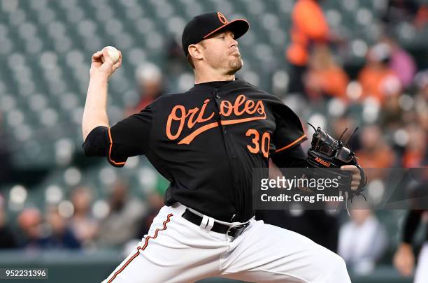 Chris Tillman of the Baltimore Orioles pitches in the first inning against the Detroit Tigers at Oriole Park at Camden Yards on April 27, 2018 in...