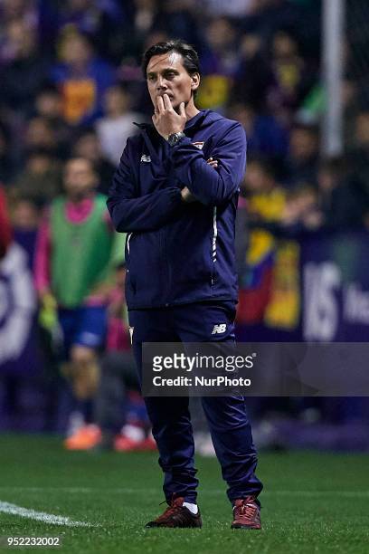 Vincenzo Montella head coach of Sevilla FC reacts during the La Liga game between Levante UD and Sevilla FC at Ciutat de Valencia on April 27, 2018...