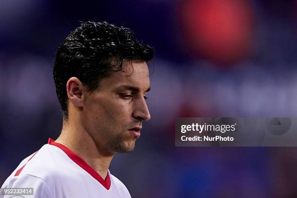 Jesus Navas of Sevilla FC looks on prior to the La Liga game between Levante UD and Sevilla FC at Ciutat de Valencia on April 27, 2018 in Valencia,...