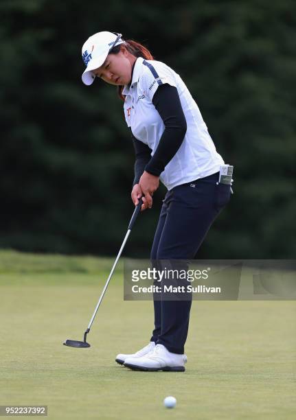 Sei Young Kim of South Korea misses a birdie putt on the ninth hole during the second round of the Mediheal Championship at Lake Merced Golf Club on...