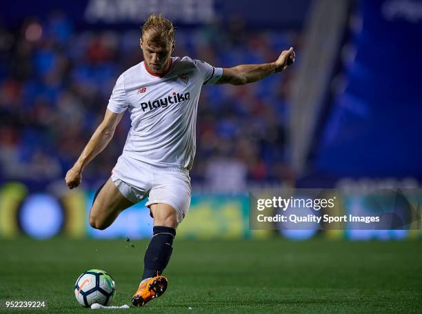 Johannes Geis of Sevilla in action during the La Liga match between Levante and Sevilla at Ciutat de Valencia Stadium on April 27, 2018 in Valencia,...