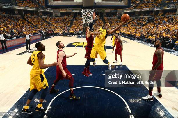 Myles Turner of the Indiana Pacers goes to the basket against the Cleveland Cavaliers in Game Six of Round One of the 2018 NBA Playoffs on April 27,...