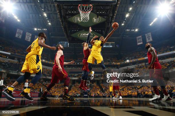 Myles Turner of the Indiana Pacers goes to the basket against the Cleveland Cavaliers in Game Six of Round One of the 2018 NBA Playoffs on April 27,...