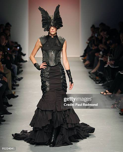 Model wears Skingraft during the Downtown LA Fashion Week Spring 2010 Louver Runway show at The Geffen Contemporary at MOCA on October 13, 2009 in...