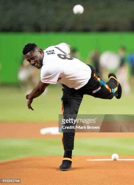 Pittsburg Steelers receiver Antonio Brown throws out the first pitch before the game between the Miami Marlins and the Colorado Rockies at Marlins...