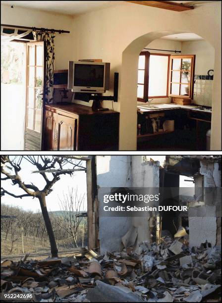 Jerome Ferte's living room before and after the fire.