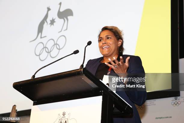 Cathy Freeman speaks after accepting the AOC Order of Merit Award during the Australian Olympic Committee Annual General Meeting at the Hyatt Regency...
