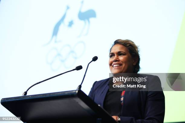 Cathy Freeman speaks after accepting the AOC Order of Merit Award during the Australian Olympic Committee Annual General Meeting at the Hyatt Regency...