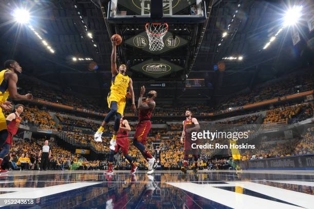 Myles Turner of the Indiana Pacers shoots the ball against the Cleveland Cavaliers in Game Six of the NBA Playoffs on April 27, 2018 at Bankers Life...