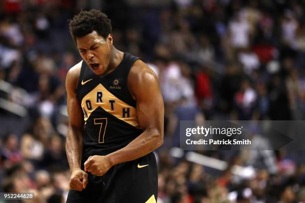 Kyle Lowry of the Toronto Raptors reacts against the Washington Wizards in the second half during Game Six of Round One of the 2018 NBA Playoffs at...