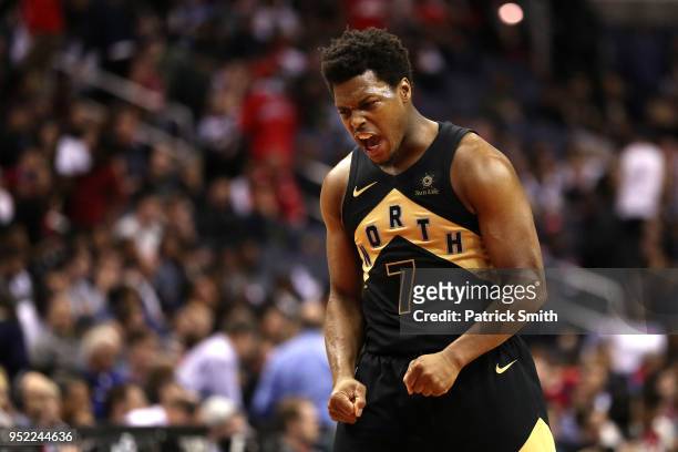 Kyle Lowry of the Toronto Raptors reacts against the Washington Wizards in the second half during Game Six of Round One of the 2018 NBA Playoffs at...