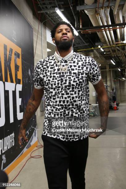 Paul George of the Oklahoma City Thunder arrives before game against the Utah Jazz in Game Six of the Western Conference Quarterfinals during the...
