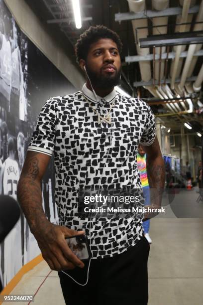 Paul George of the Oklahoma City Thunder arrives before game against the Utah Jazz in Game Six of the Western Conference Quarterfinals during the...