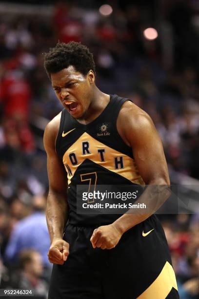Kyle Lowry of the Toronto Raptors reacts against the Washington Wizards in the second half during Game Six of Round One of the 2018 NBA Playoffs at...