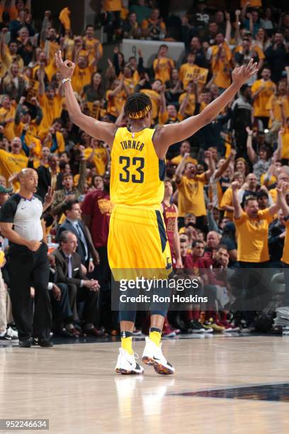 Myles Turner of the Indiana Pacers celebrates a score during the game against the Cleveland Cavaliers in Game Six of the NBA Playoffs on April 27,...
