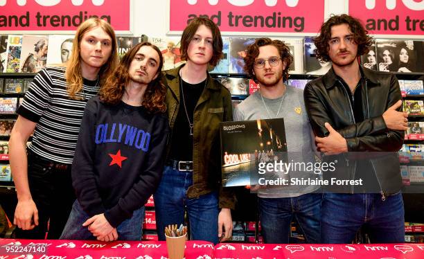 Myles Kellock, Josh Dewhurst, Tom Ogden, Joe Donovan and Charlie Salt of Blossoms during an instore signing and performance of their new album 'Cool...