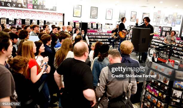 Josh Dewhurst, Myles Kellock, Tom Ogden, Joe Donovan and Charlie Salt of Blossoms during an instore signing and performance of their new album 'Cool...