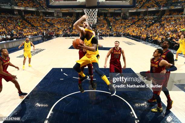 Trevor Booker of the Indiana Pacers handles the ball against the Cleveland Cavaliers in Game Six of Round One of the 2018 NBA Playoffs on April 27,...