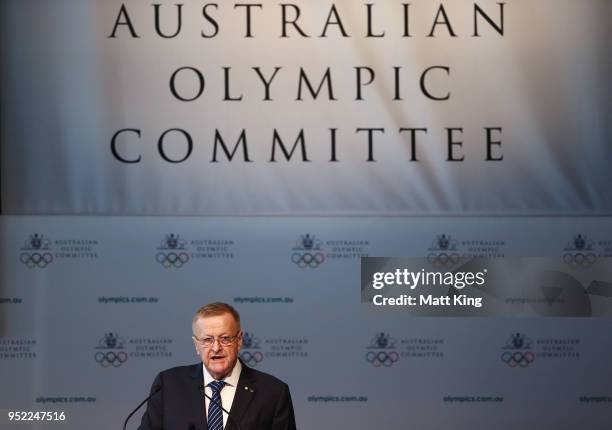 President John Coates speaks during the Australian Olympic Committee Annual General Meeting at the Hyatt Regency on April 28, 2018 in Sydney,...