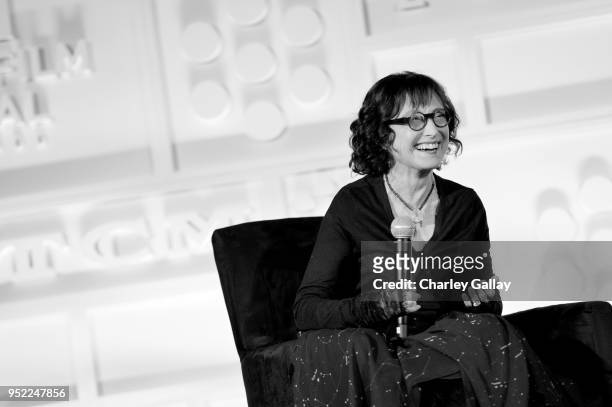 Actor Mary Jo Deshanel speaks onstage at the screening of 'The Right Stuff' during Day 2 of the 2018 TCM Classic Film Festival on April 27, 2018 in...