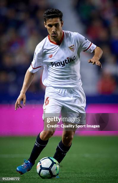 Jesus Navas of Sevilla in action during the La Liga match between Levante and Sevilla at Ciutat de Valencia Stadium on April 27, 2018 in Valencia,...