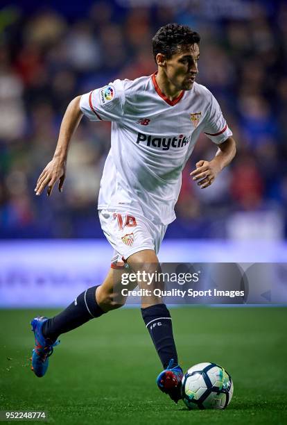 Jesus Navas of Sevilla in action during the La Liga match between Levante and Sevilla at Ciutat de Valencia Stadium on April 27, 2018 in Valencia,...