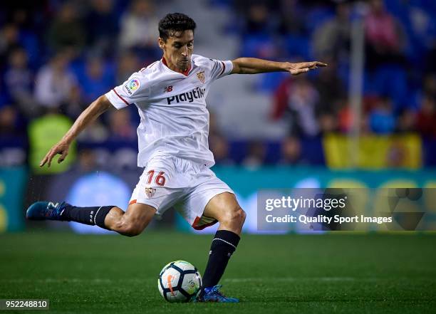 Jesus Navas of Sevilla in action during the La Liga match between Levante and Sevilla at Ciutat de Valencia Stadium on April 27, 2018 in Valencia,...