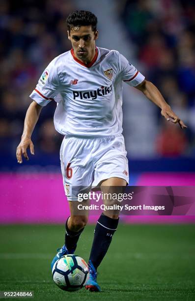 Jesus Navas of Sevilla in action during the La Liga match between Levante and Sevilla at Ciutat de Valencia Stadium on April 27, 2018 in Valencia,...