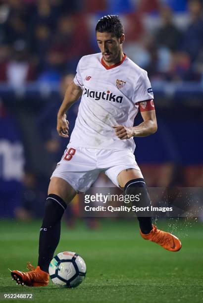 Sergio Escudero of Sevilla in action during the La Liga match between Levante and Sevilla at Ciutat de Valencia Stadium on April 27, 2018 in...