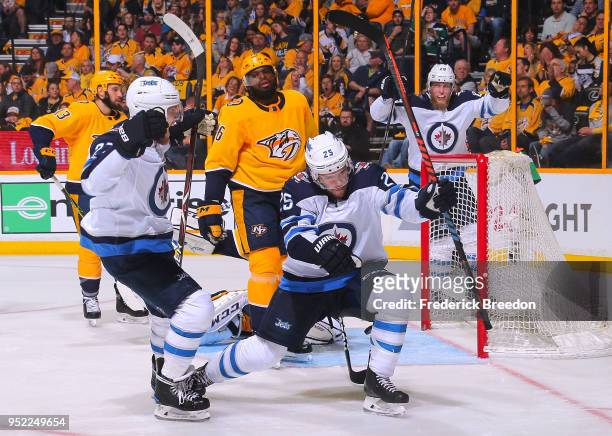Subban of the Nashville Predators watches as Paul Stastny of the Winnipeg Jets reacts after scoring a goal against the Nashville Predators during the...