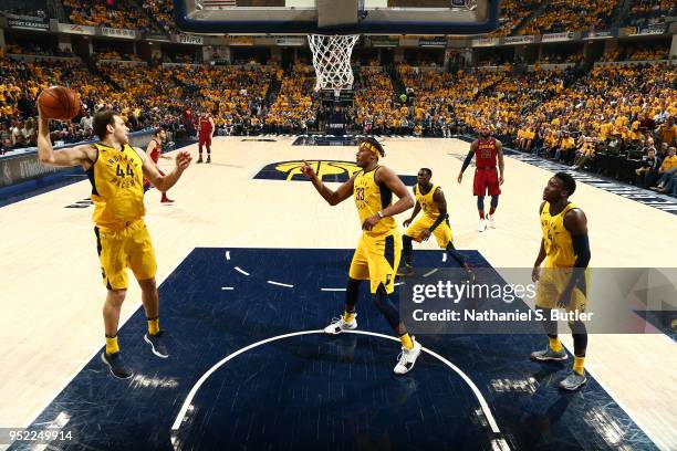 Bojan Bogdanovic of the Indiana Pacers handles the ball against the Cleveland Cavaliers in Game Six of Round One of the 2018 NBA Playoffs on April...