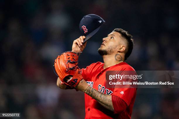 Hector Velazquez of the Boston Red Sox reacts as he exits the game during the eighth inning of a game against the Tampa Bay Rays on April 27, 2018 at...